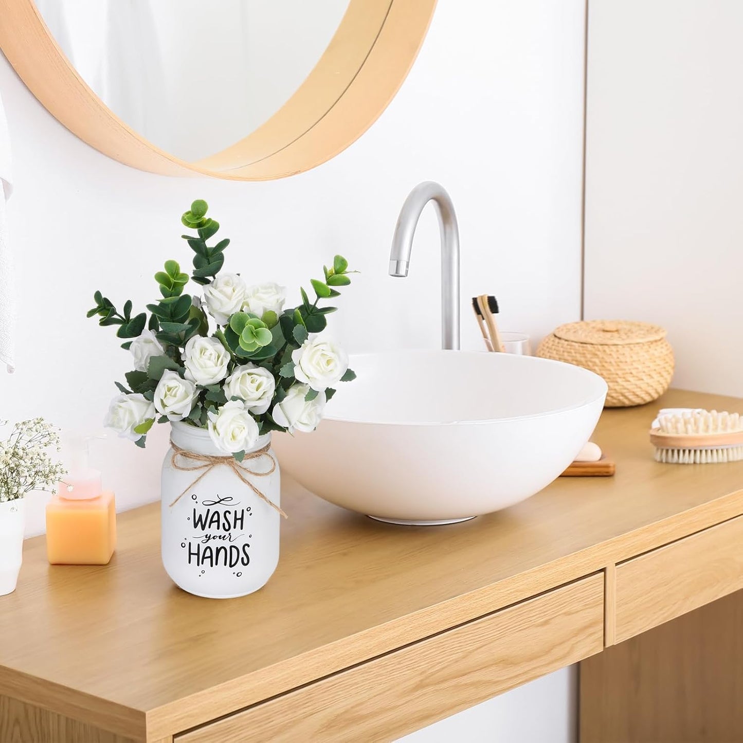 XunYee Farmhouse Bathroom Decor Wash Your Hands Sign Mason Jar with Flowers 16.9 oz White Mason Jar Centerpiece Table Rustic Decor for Restroom Bathroom Shelf Bridal Shower Kitchen