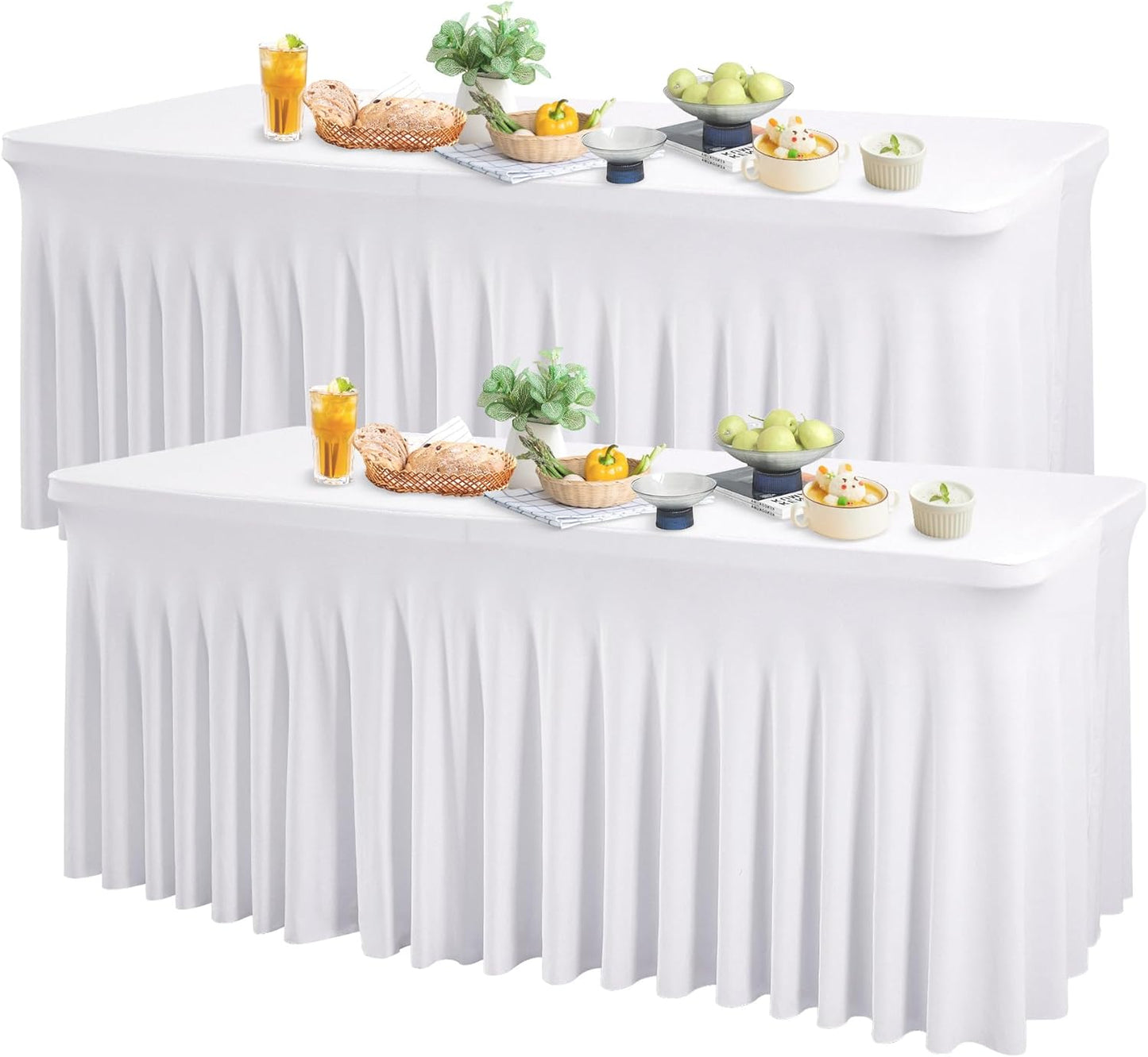 Wish Care 2 Pack White Spandex Table Clothes for 4 Foot Rectangle Tables, 4FT Wrinkle Free Fitted Tablecloths Ruffles Design Table Cover for Party, Banquet, Wedding and Events