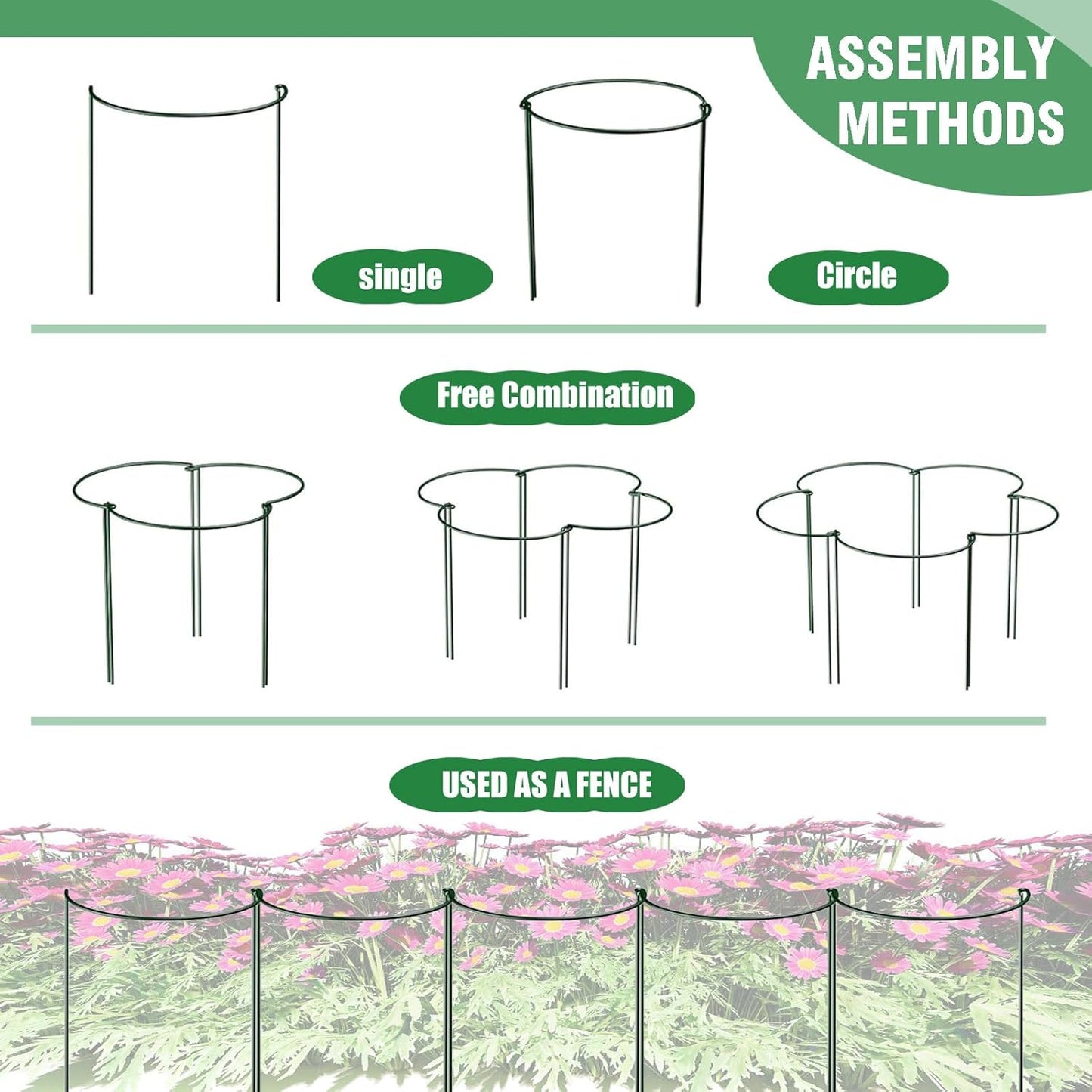 LINGHUI 6 Pack Plant Support Stakes, 10" Wide x 16" High,Heavy-Duty Half Round Peony Support Ring and Cage for Indoor and Outdoor Plants, Peony, Tomato, Hydrangea, Rose(100 Plant Ties)