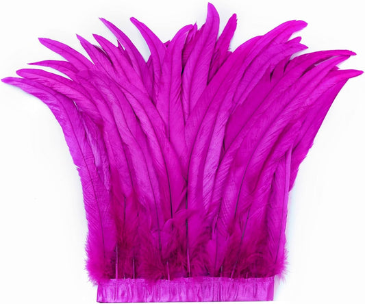 Holmgren Hot Pink Rooster Feather Trim - 10-12inch 2 Yards Natural Rooster Tail Feathers Fringe Trim for DIY Sewing Crafts, Feather Cape Shawl, Headdress, Party Cosplay Costumes Decoration (Hot Pink)