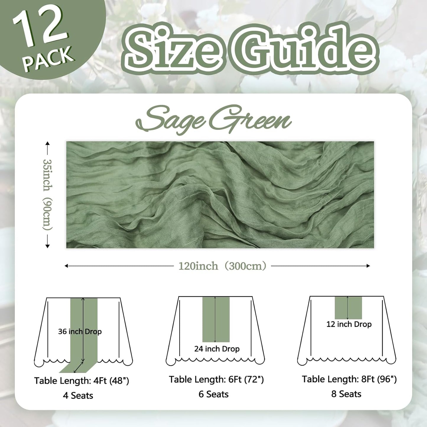 12 Pack Sage Green Cheesecloth Table Runner 10ft Boho Gauze Fabric Cheese Cloth Table Runner 35 x 120 Inch Rustic Sheer for Romantic Wedding Decor Baby Shower Party Table Centerpiece Decoration