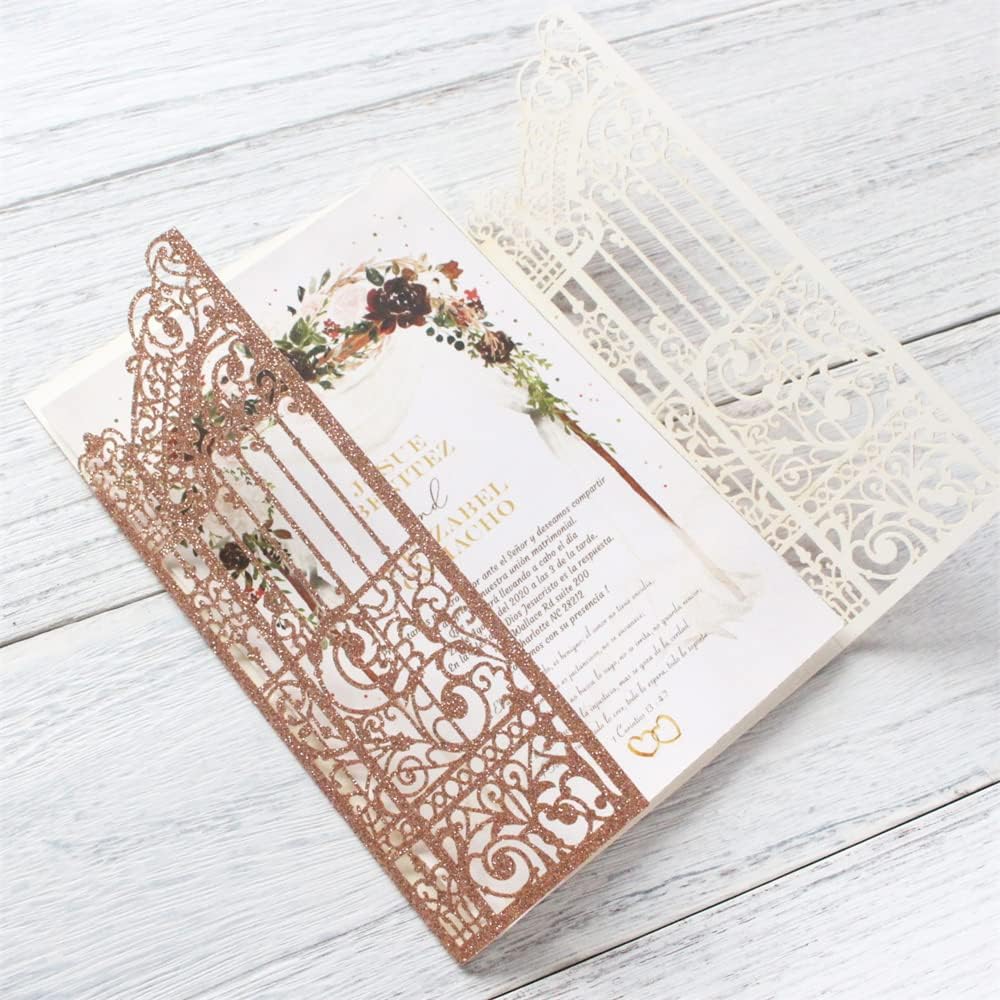 Glittery Hollow Rose Gold Invitations Gate Design For Weddings Engagement Mermaid 25 Sets (rose gold, 4.9"x7.1")