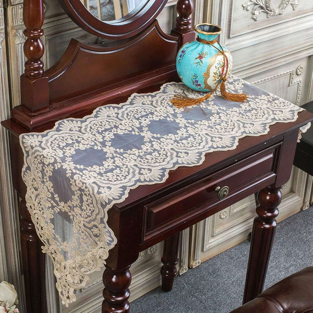 ARTABLE Rectangle Table Runner Lace Macrame Embroidered Table Runners with Exquisite Vintage Shabby Chic for Holiday Wedding Long Dinner Tables (Light Gold, 12 x 70 Inch)