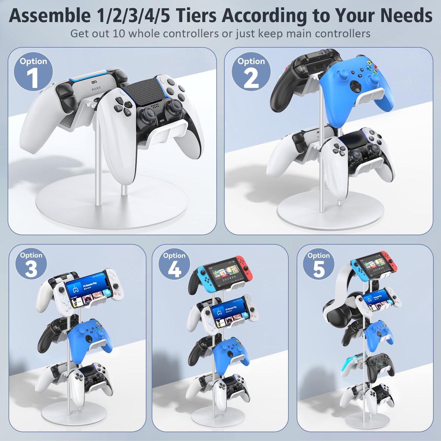 Kytok Gamer Gifts, Headset Stand 5 Tiers with Cable Organizer, Controller Stand Compatible with PS5/Xbox/Nintendo Switch/PS Portal/PS4, Headset Holder & Controller Holder for 10 Packs Controller