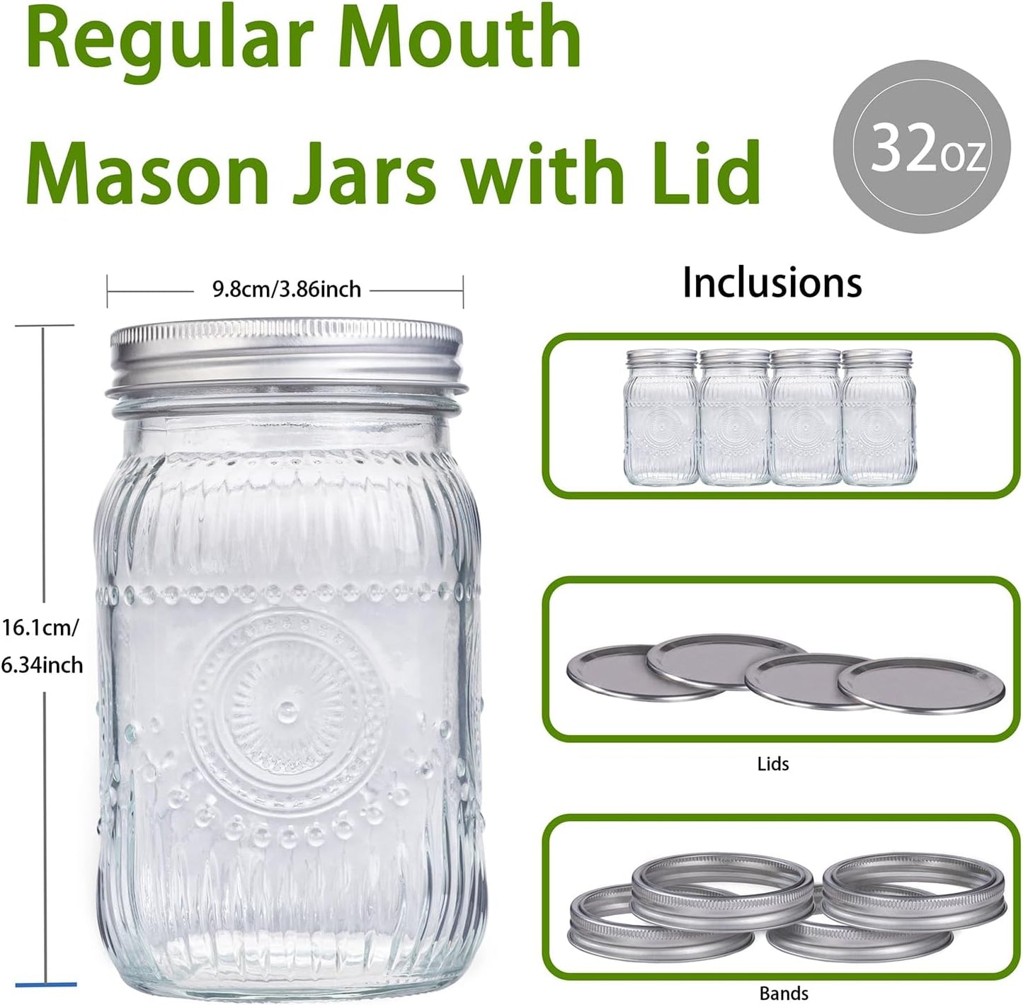 WELLIFE Wide Mouth Mason Jars, 6 Pcs Mason Jars 32 OZ for Preserving,Jam,Honey,Wedding Favors,Sauces,Meal Prep,Salad,Yogurt & Decor