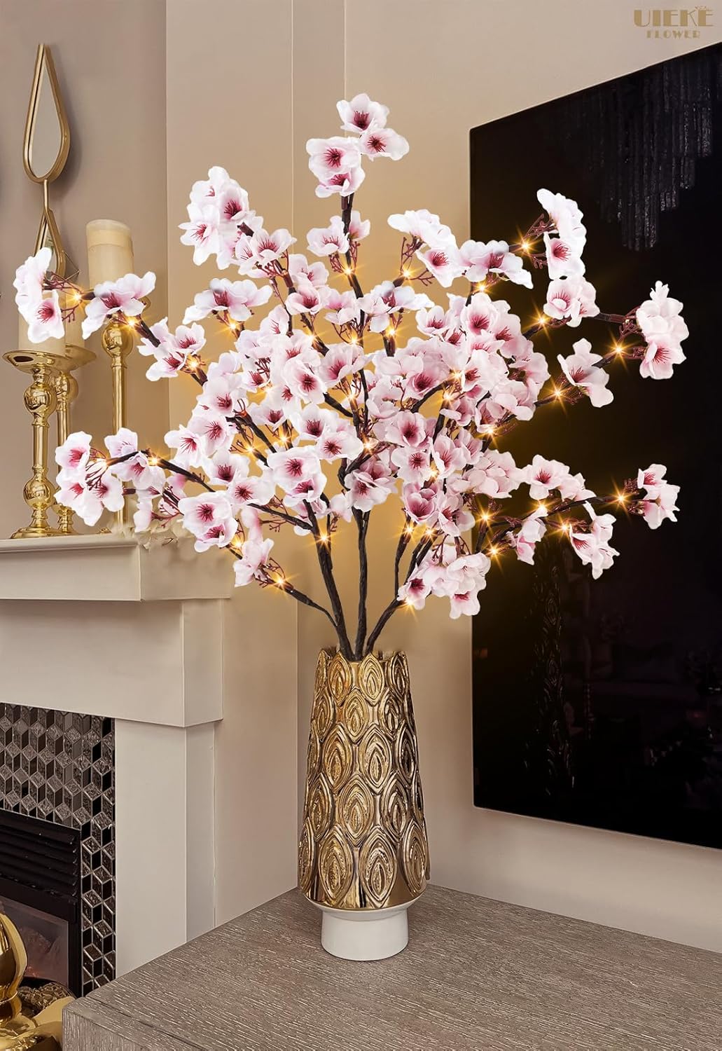 Uieke 3PCS Lighted Cherry Blossom Branches, 30in Artificial Cherry Blossom Flowers with 60 LED Lights Timer Battery Operated Lighted Twig Branches for Vases Wedding Party Home Indoor Decor