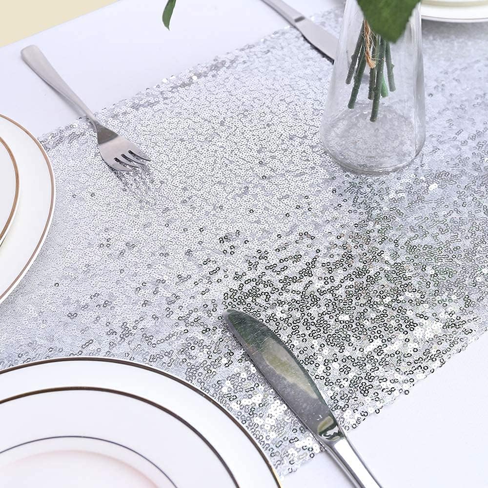 Eternal Beauty Silver Table Runner for Wedding, 5PCS-12x72 Sequin Table Runner Decorations for Birthday Parties, Banquets, Graduations,Christmas