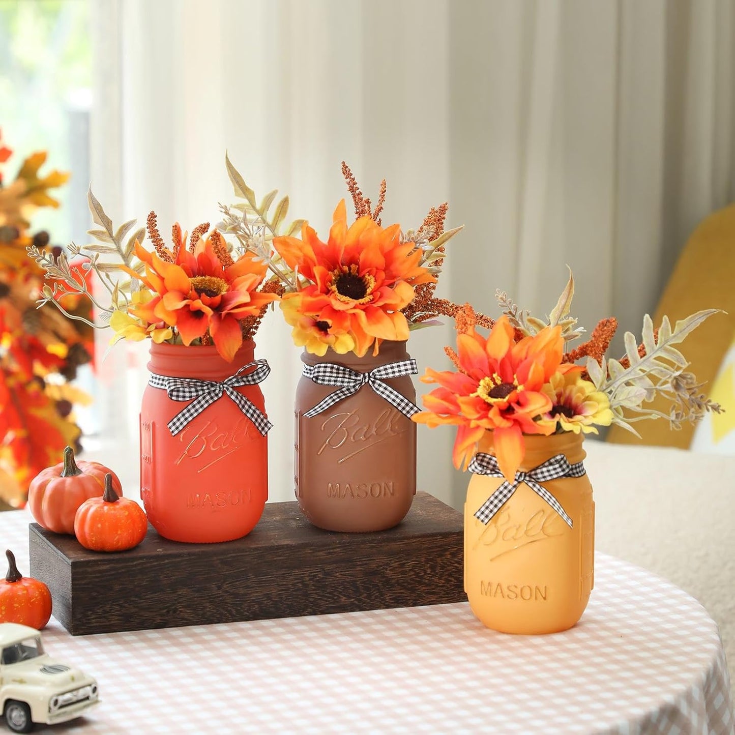 Fall Mason Jar Centerpiece for Table with Artificial Flowers, Set of 3 Thanksgiving Mason Jars Farmhouse Painted Decorative Jars for Thanksgiving Fall Home Decor, Thanksgiving Dinner Table Centerpiece