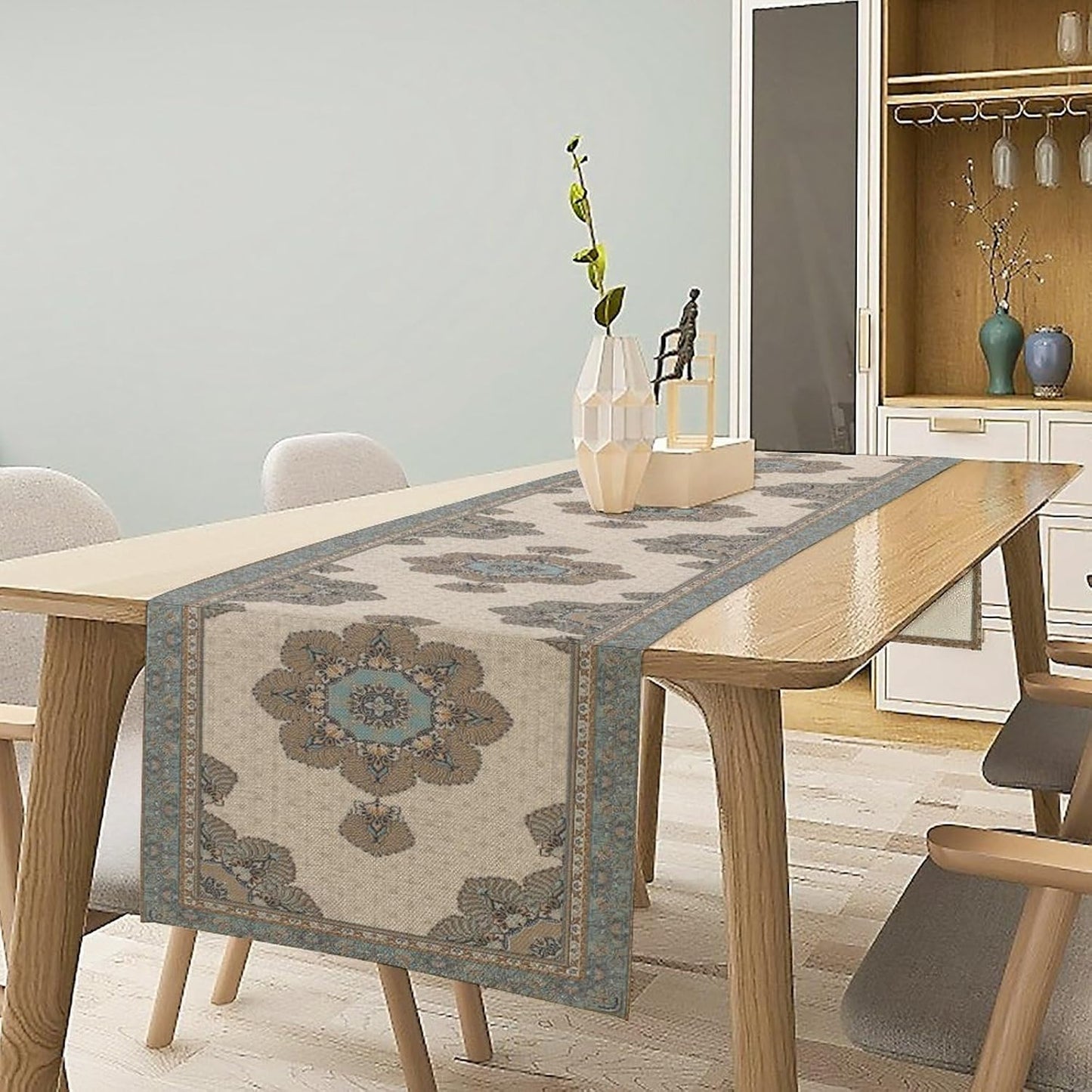 Boho Bohemia Style Table Runner, Vintage Teal Brown Retro Flower Rustic Country Style Floral Print Pattern for Home Kitchen Table Decor Dining Coffee Room Garden Party Decor 13x90in