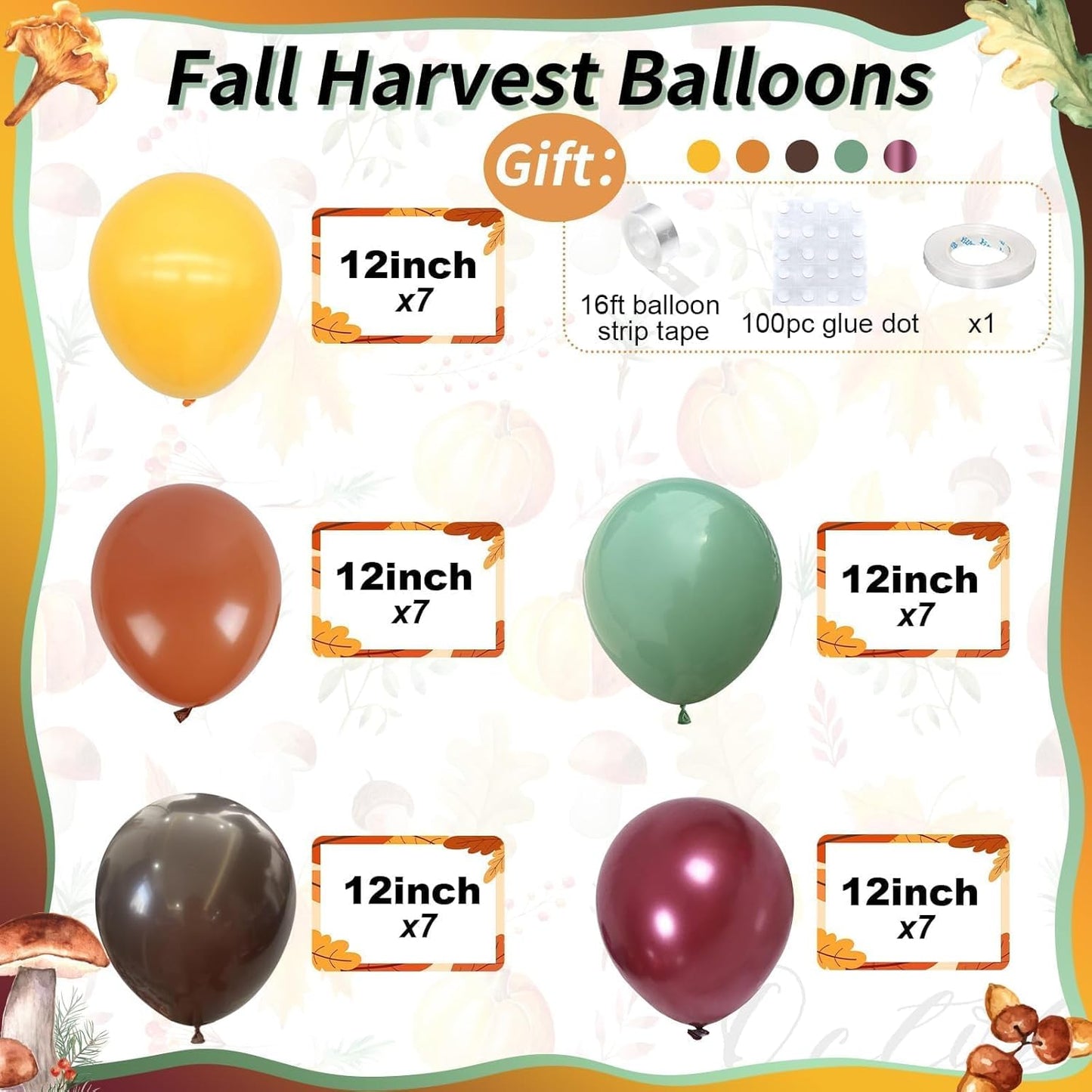 Fall Color Balloons, Burnt Orange Terracotta Mustard Yellow Burgundy Sage Green Coffee Brown Autumn Balloon for Thanksgiving Harvest Fall Baby Shower Festival Woodland Safari Birthday Party Decoration