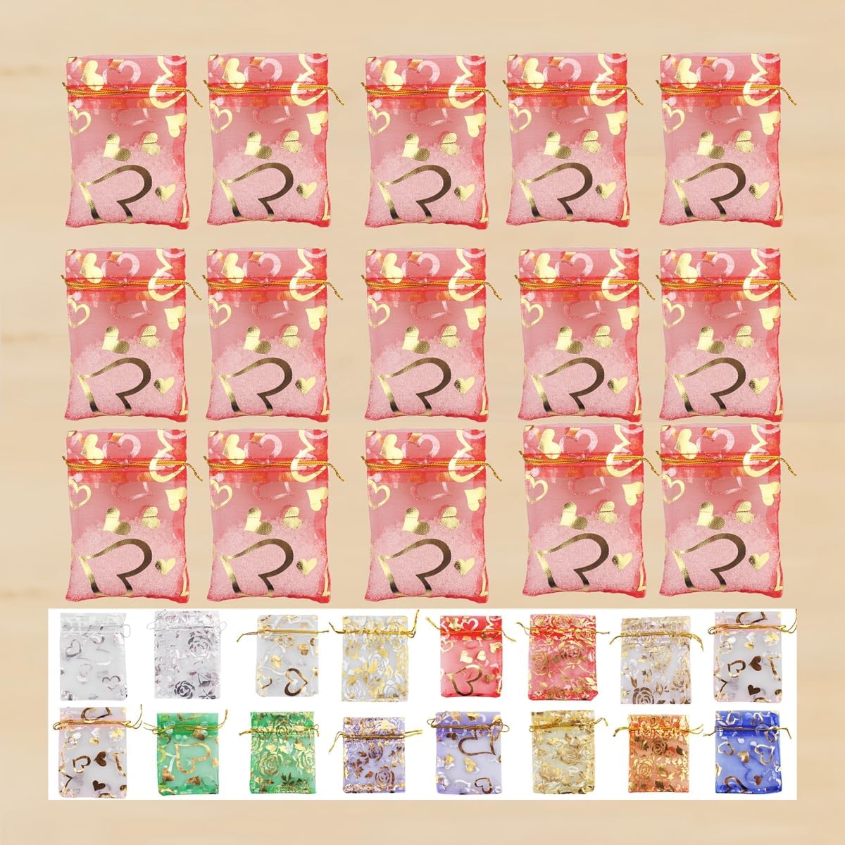 100 Pack 2.8 x 3.5 Inch Flower Heart Organza Jewelry Gift Pouch Candy Pouch Drawstring Wedding Favor Bags B511S (red gold heart)