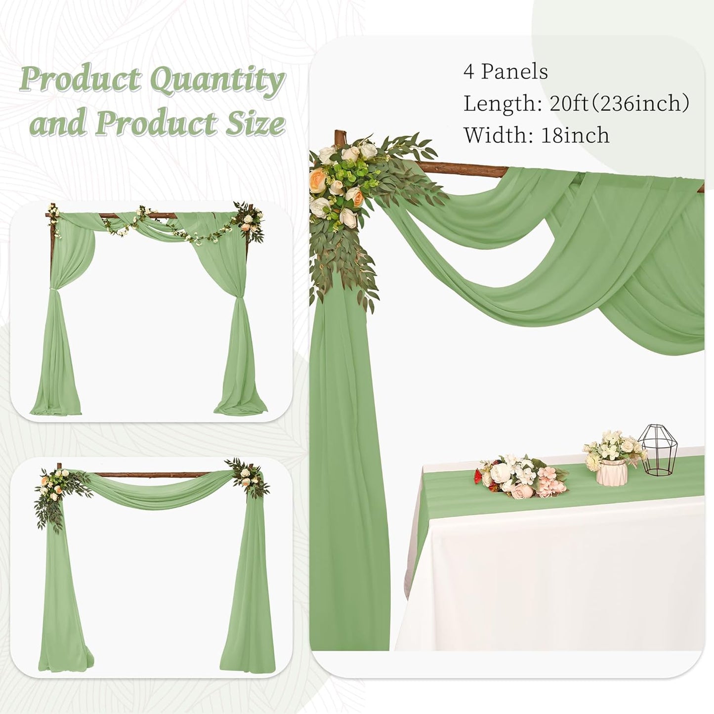 4 Panels Wedding Arch Draping Fabric 28"x 20Ft Chiffon Wedding Arch Drape Chiffon Fabric Drape Sheer Backdrop Curtain for Nuptials Party Ceremony Birthday Reception Backdropn Ceiling Decor(Sage Green)