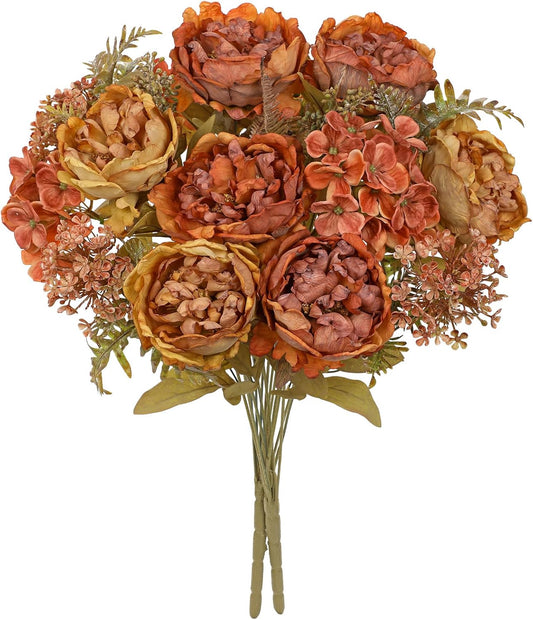 Hollyone 2Pcs Artificial Fall Flowers Bouquet 18.8" Burnt Orange Dried Peony Hydrangea Fake Fall Floral Silk Flowers Faux Flower Arrangement for Home Wedding Table Centerpiece Thanksgiving Party Decor