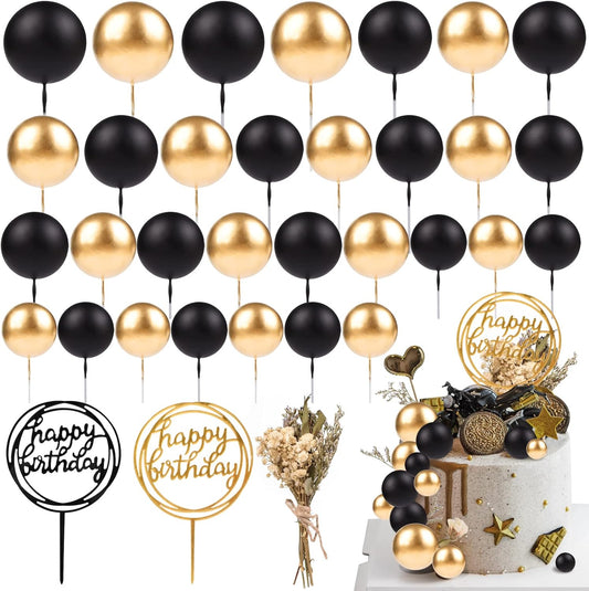 33 PCS Mini Ball Cake Topper Cupcake Insert Acrylic Cake Topper Artificial Dried Flowers Cake Decorations for Anniversary Graduation Birthday Party Baby Shower (Black, Gold)