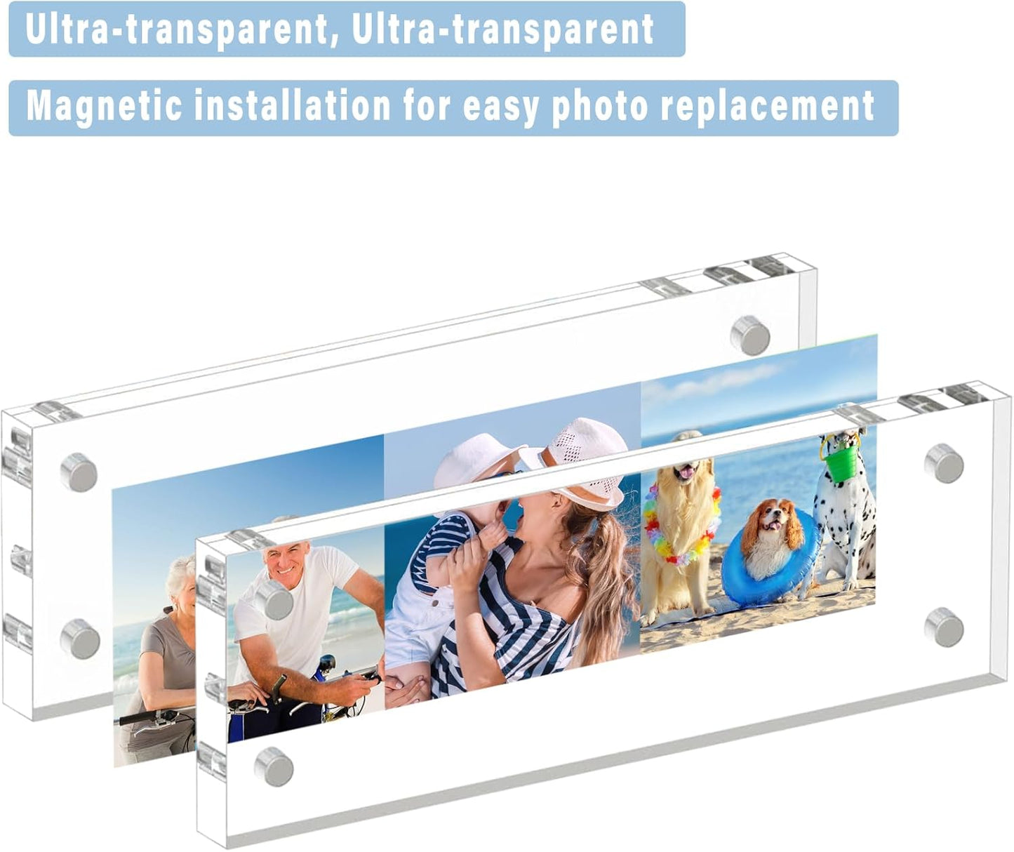 HELPLEX Acrylic Frame, 5 Pack 2x6 Photo Booth Frames, 20mm Thicker Frameless Clear Double Sided Magnetic, Free Standing Desktop Display Stand