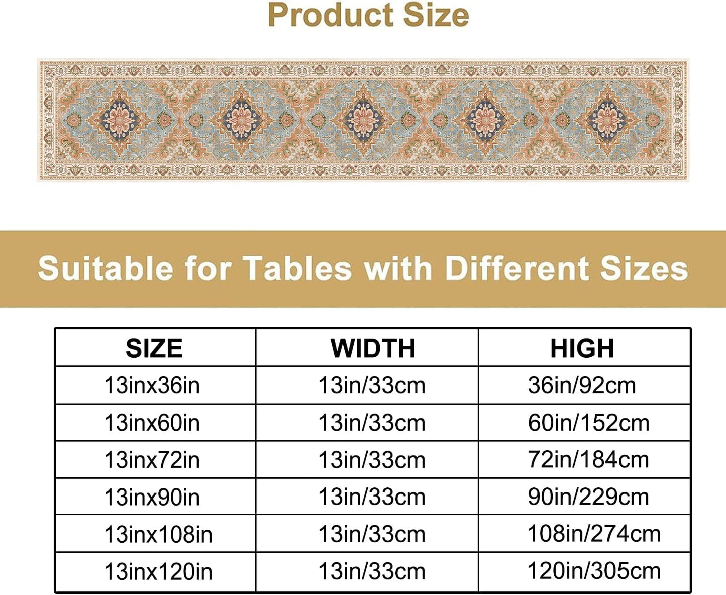 Vintage Boho Floral Table Runner, Rustic Country Farmhouse Grey Blue Orange Bohemia Flower Pattern for Home Kitchen Table Decor Dining Coffee Room Party Decor 13x120in