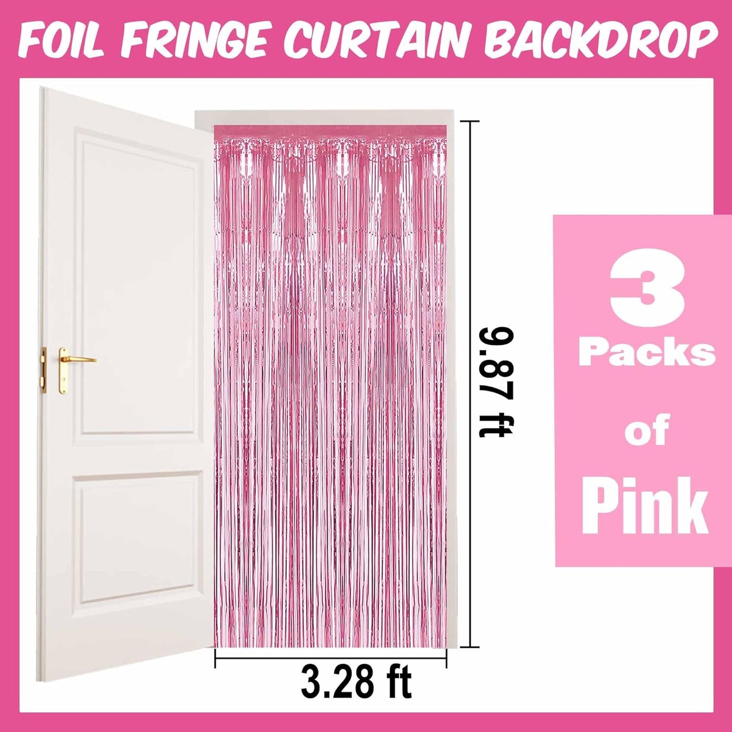 3 Pack Pink Foil Fringe Curtains Backdrop, 3.28 x 9.8 Ft Metallic Streamers Tinsel Curtains Background for Photo Booth, Birthday, Halloween, Christmas, Thanksgiving, New Year Party Decorations