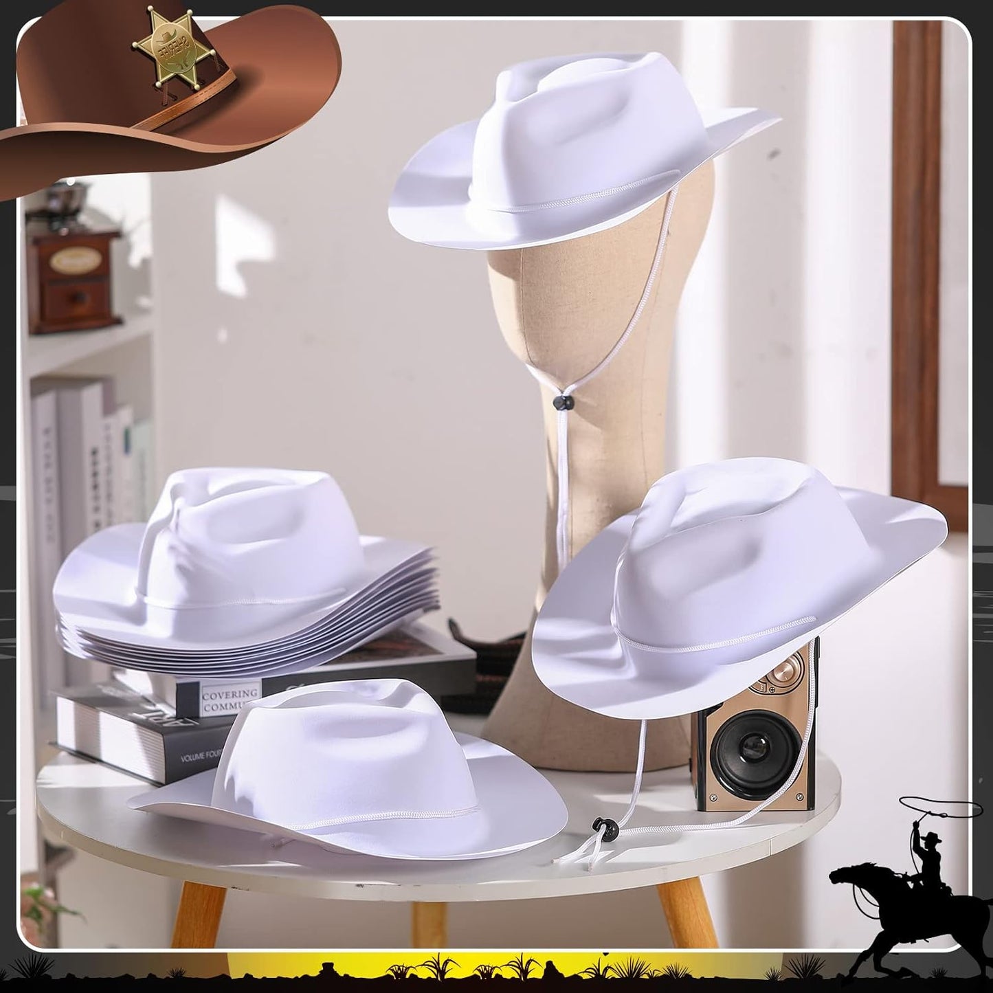 Mepase 24 Pieces Disposable Plastic Western Cowboy Hat Set Felt Wide Brimmed Cowgirl Hats for Men Women Costume Party(White)