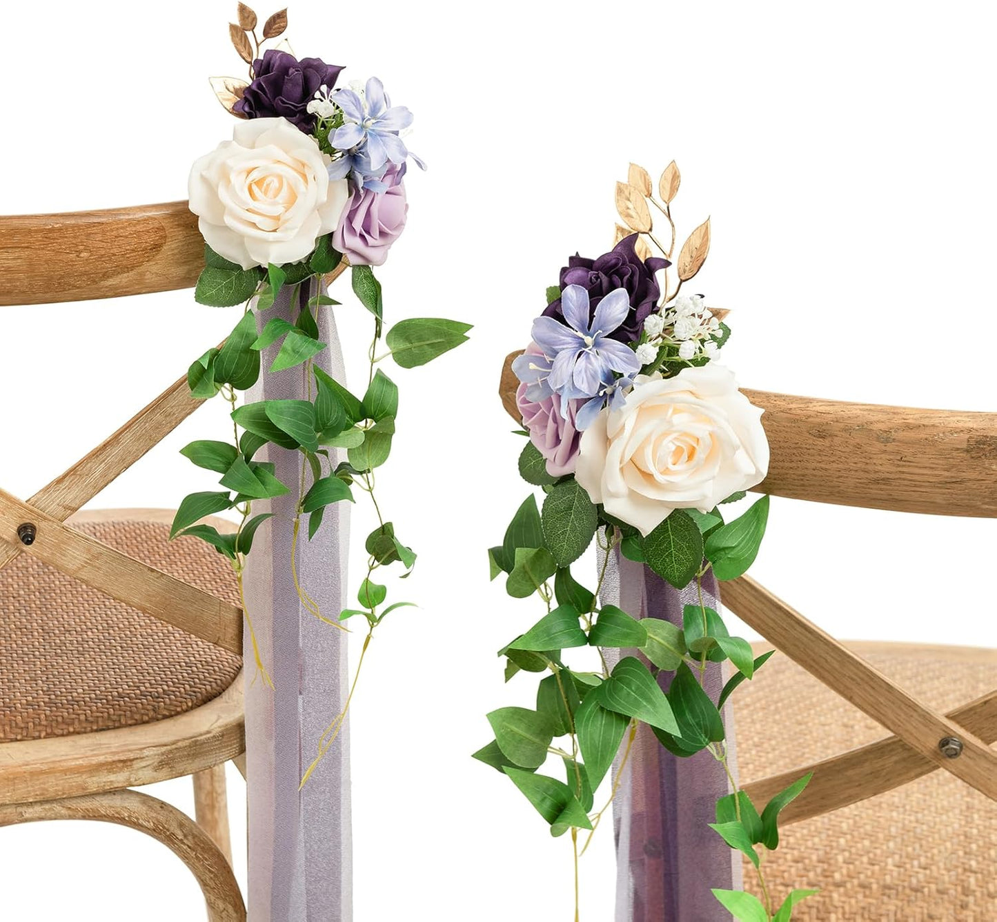 Ling's moment 8pcs Wedding Artificial Aisle Pew Flowers Chair Decorations Arrangements with Chiffon Ribbons Lilac Purple Gold for Ceremony Chair Back Floral Decor Reception Church Party Outdoor