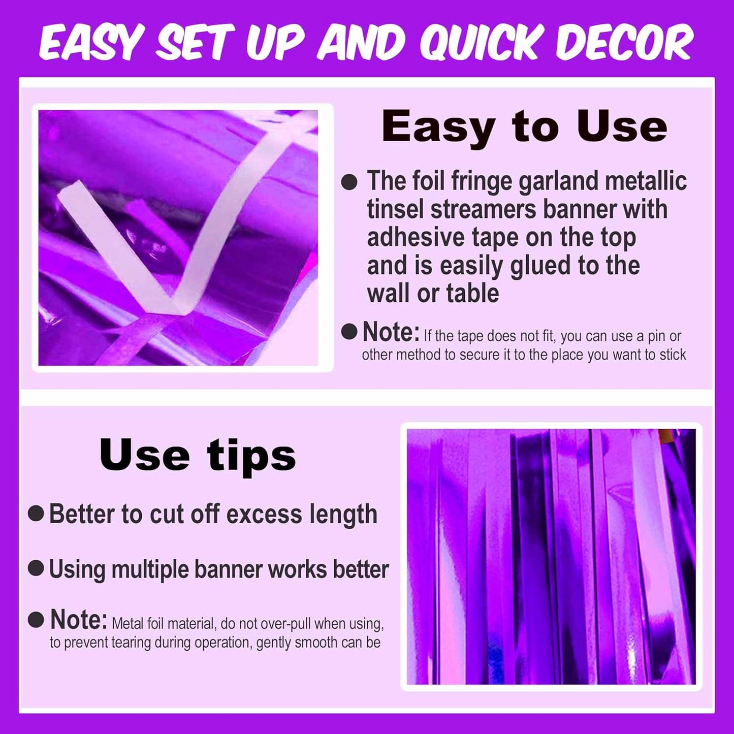 4 Pack 10 Ft Purple Foil Fringe Garland Metallic Streamers Tinsel Banner Wall Hanging Garland Backdrop for Parade Floats, Halloween, Christmas, Thanksgiving, New Year Party Decorations