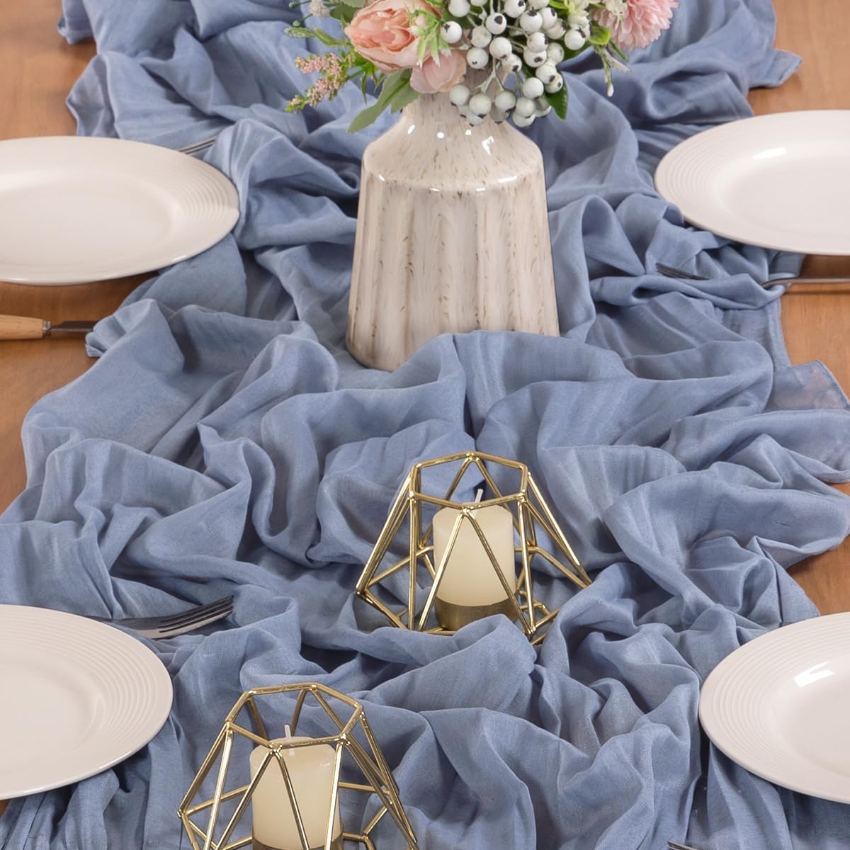 MLMW 10 Pack Dusty Blue Table Runner Cheesecloth Gender Reveal Boho Gauze Rustic Cheese Cloth Table Runner 160 inch Sheer 13.3ft for Wedding Party Baby Bridal Shower Birthday