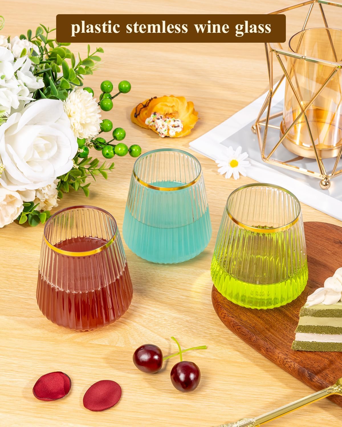 Goodluck 36 Pack 12oz Stemless Plastic Wine Glasses – Clear Ribbed Cups with Gold Rim, Fancy Reusable Disposable Drinkware for Weddings, Parties, Bars, Indoor and Outdoor Events