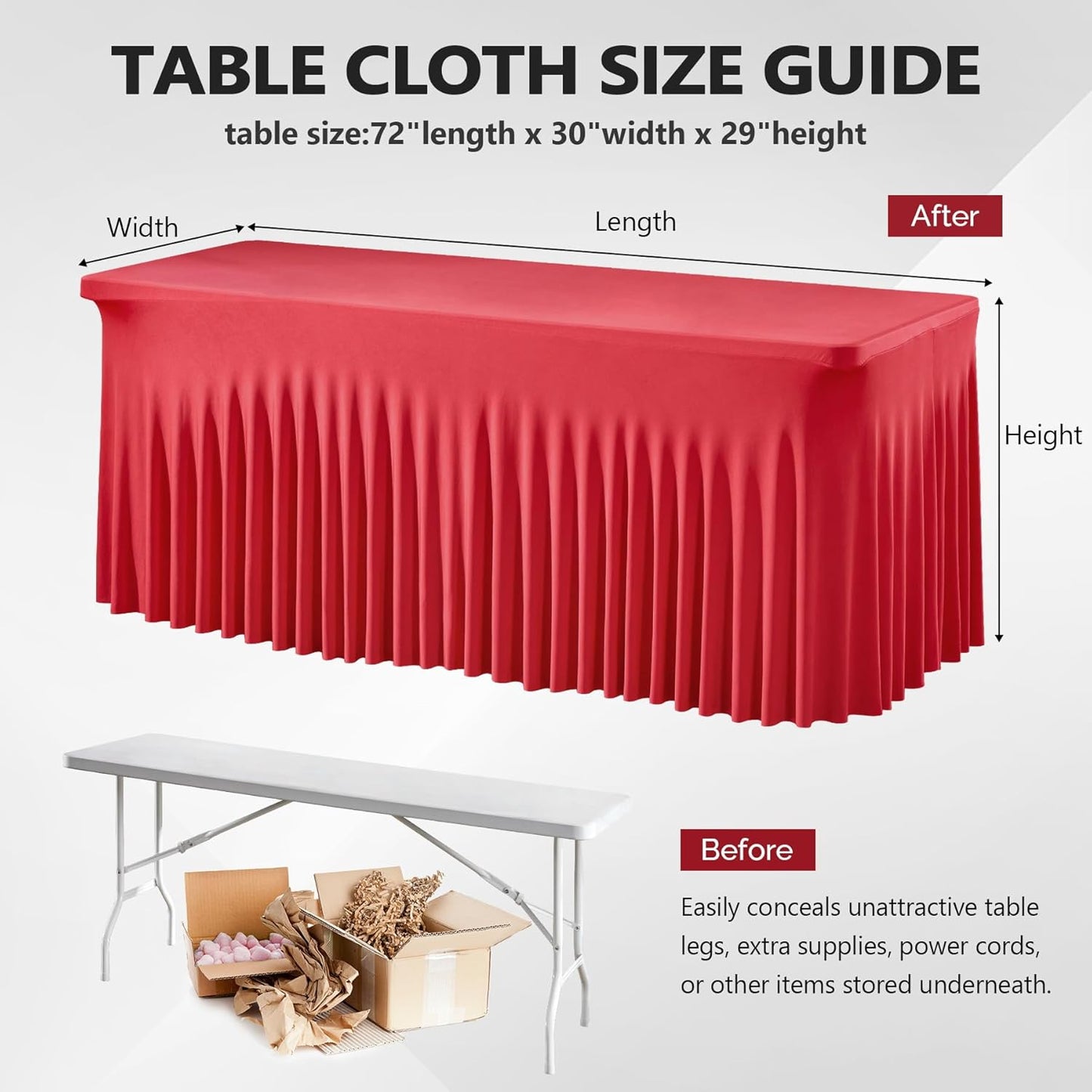Wish Care 2 Pack Red Spandex Table Clothes for 6 Foot Rectangle Tables, 6FT Wrinkle Free Fitted Tablecloths Ruffles Design Table Cover for Party, Banquet, Wedding and Events