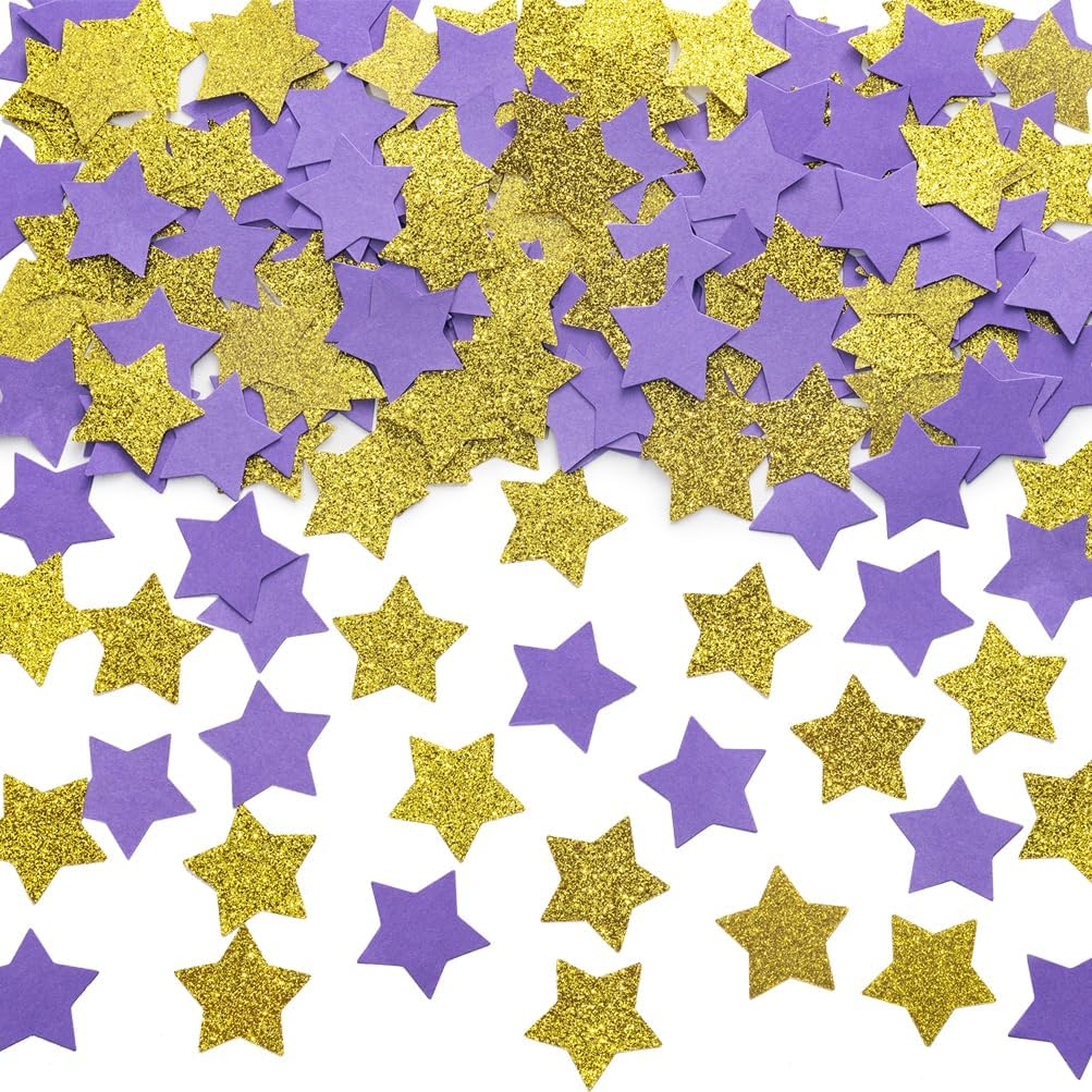 Gold and Purple Star Confetti Table Decoration for Graduation Birthday Retirement Wedding Pride Theme Party,1.2 inch in Diameter,200 Counts