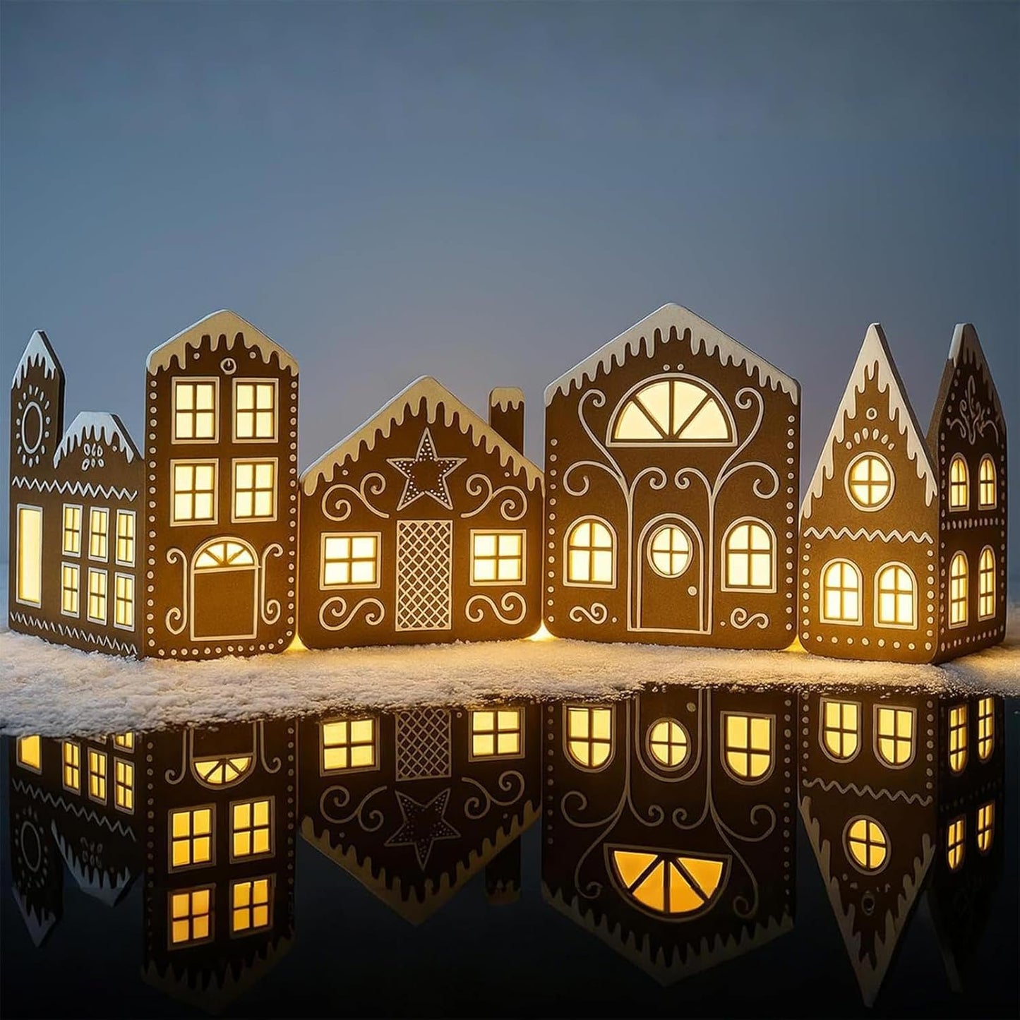 Christmas Gingerbread Village Light-Up Decor, House Cardboard Kit with LED Lights, Foldable House Village Centerpieces Christmas Decorations, Holiday Home Tabletop Decor