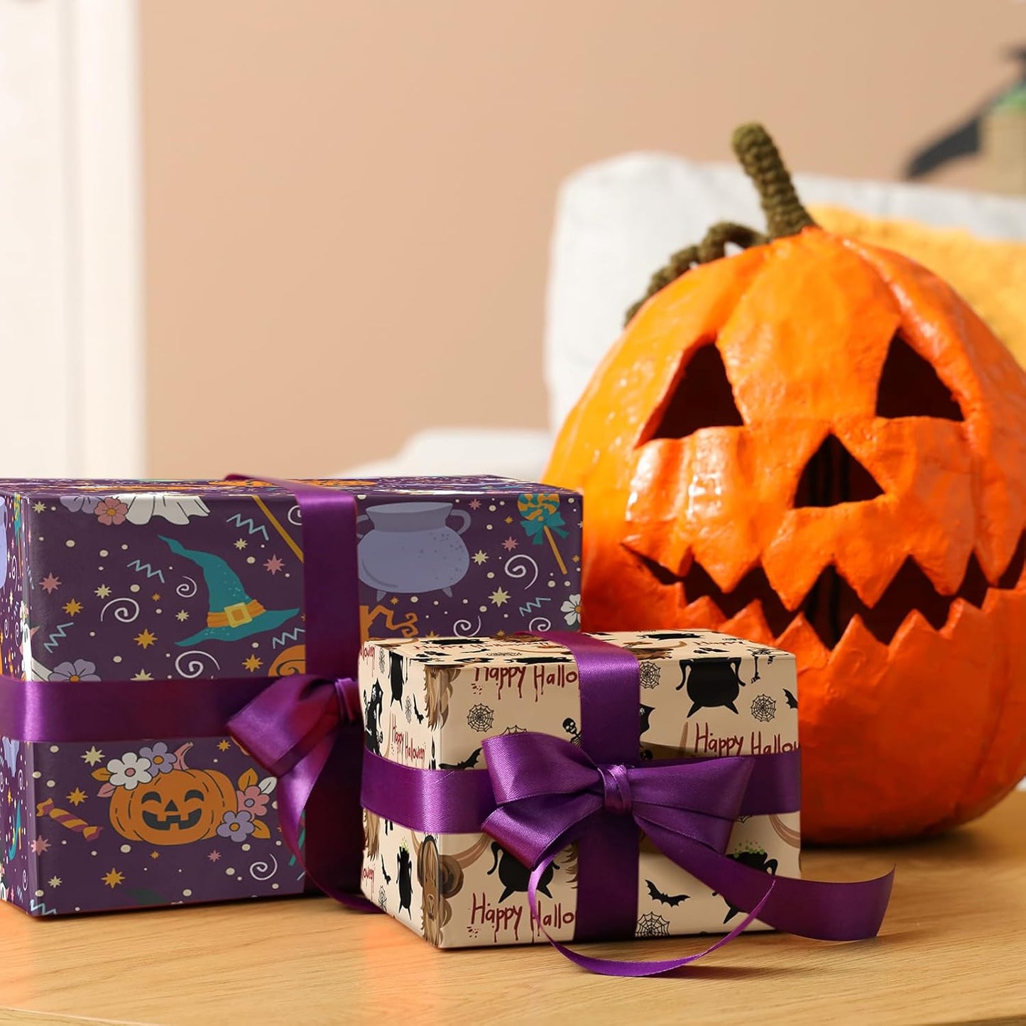 LeZakaa Purple Halloween Wrapping Paper Roll, Cute Trick-or-Treat Ghosts Pumpkins Witch Hats Gift Wrap for Kids Teens Adults, Halloween Decor, Party Favors, Mini Roll 17 in x 16.4 Ft