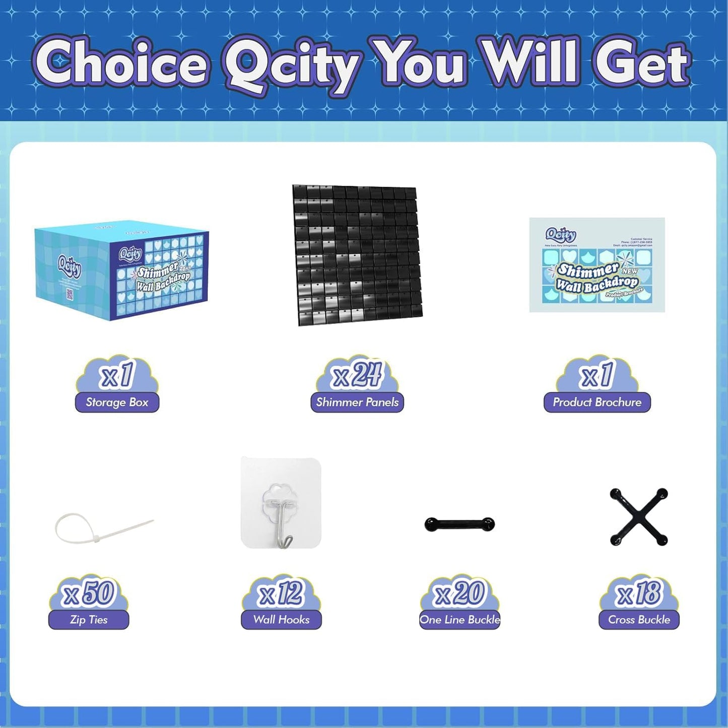 Qcity Black Shimmer Wall Backdrop 24PCS, Black Back Not See-Through Design, Square Sequin Glitter Backdrop Panel, Perfect for Outdoor Events, Birthdays, Wedding and Party Decoration