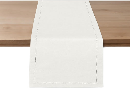 Ruvanti Linen Table Runner 72 Inches, Classic Hemstitch, Washable, Reusable, Non-Slipping, Stain Resistant- Perfect for Parties, Weddings, Dinners, Thanksgiving, Christmas, Indoor use – Ivory