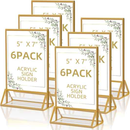 Acrylic Sign Holder 5x7 Gold Display Stand, Clear and Stable Table Plastic Paper Holder, Acrylic Frames for Home Office Shop Photo Frames Exhibition (6pcs)