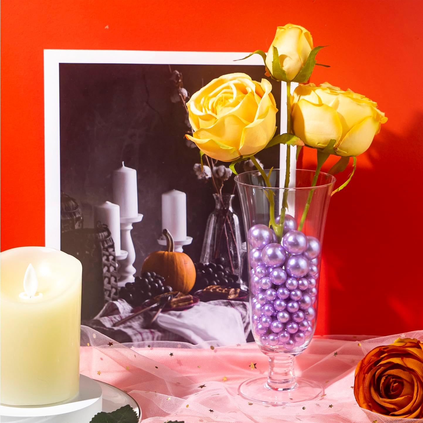 300Pcs Light Purple Polished No Hole Faux Pearl Beads for Vase Filling Decorations, Plastic Pearls Vase Fillers, Table Scatters, Wedding Centerpiece, Home Decor, 8/14/20 mm