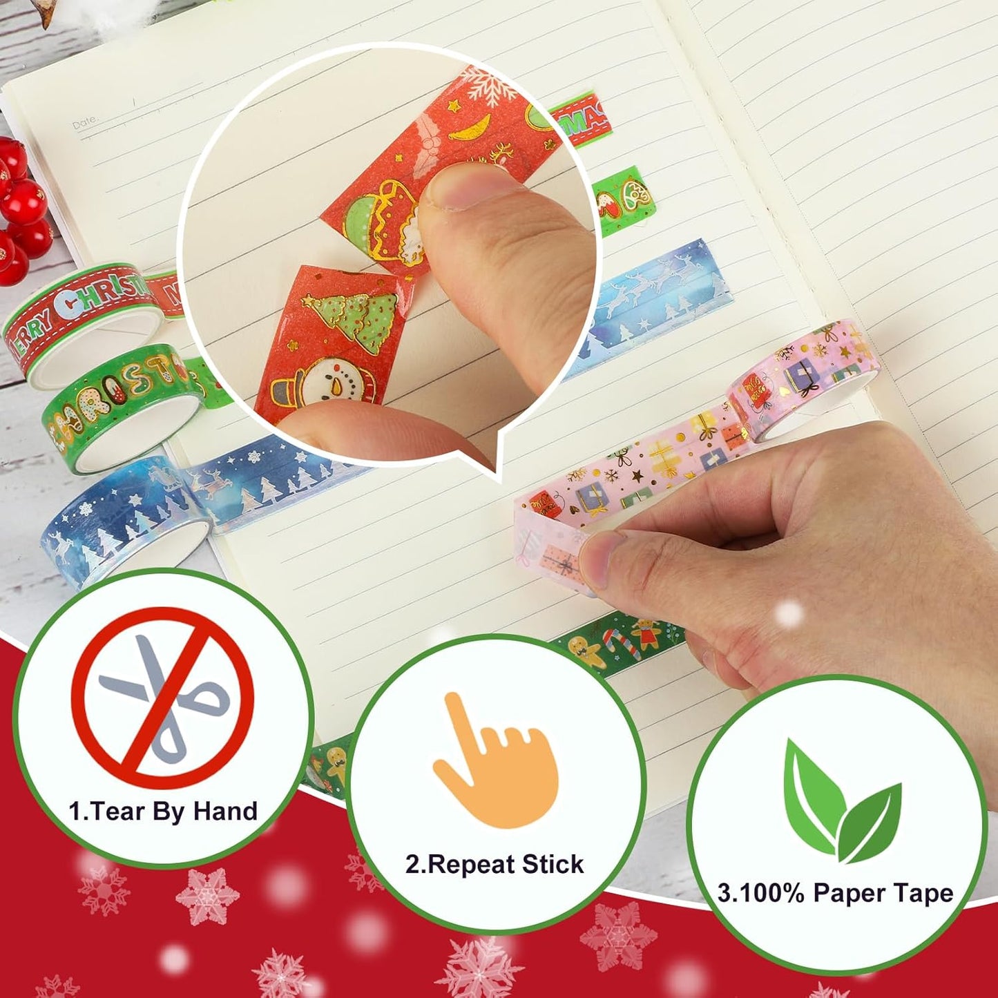 16 Rolls Christmas Washi Tape Holiday Masking Tape Red Green Christmas Wrapping Tape Glod Silver Foil Decorative Tape for Christmas Scrapbook Journal DIY Craft Gift Wrapping（Xmas