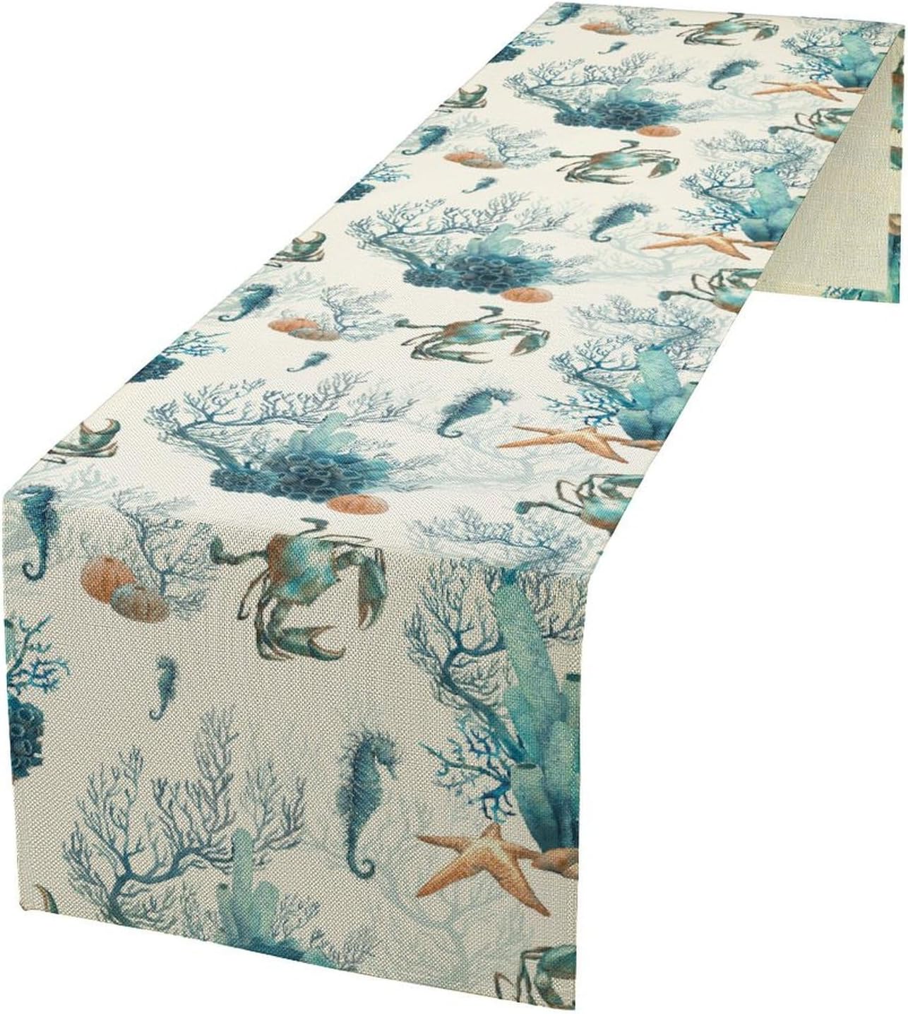 Nautical Coast Table Flag, Ocean Beach Seahorse Shell, Vintage Sailboat Lighthouse Anchor Table Decoration for Indoor and Outdoor Home Party Decor 13x120 Inch