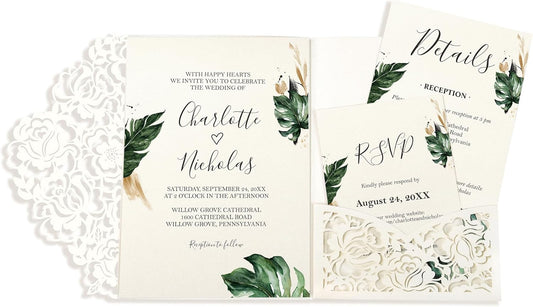 DORIS HOME 50pcs Laser Cut Wedding Invitation Pockets with Envelopes Ivory White, 5.12" x 7.12"Invitation Cards for Wedding, Anniversary (No Inserts Included)