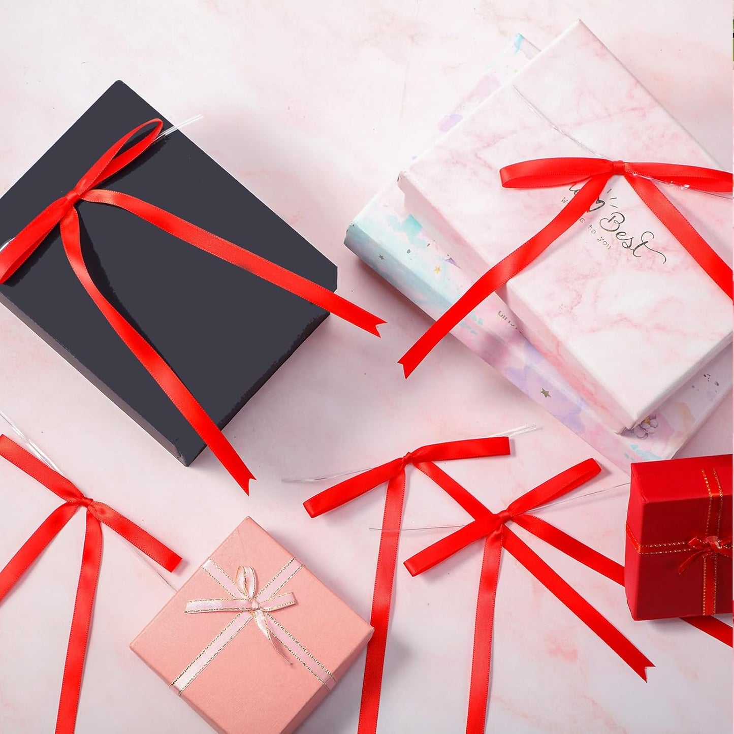 Riceshoot 100 Pcs Twist Tie Bows Bulk 5x7 Inch Satin Ribbon Bows for Gift Wrapping Cake Treat Bags Craft DIY Gift Wedding Baby Shower Birthday Party (Red)