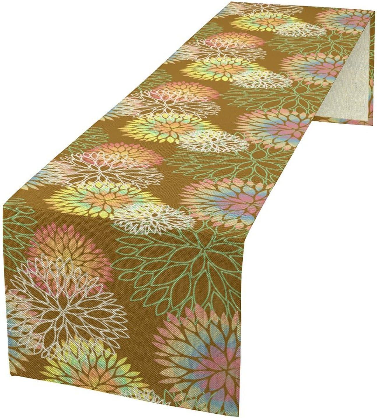 Brown Grey Dahlia Flower Table Runner, Linen Geometric Pattern Floral Table Decor Spring Farmhouse Decorations for Kitchen Dining Holiday Party Decor, 13x70 Inch