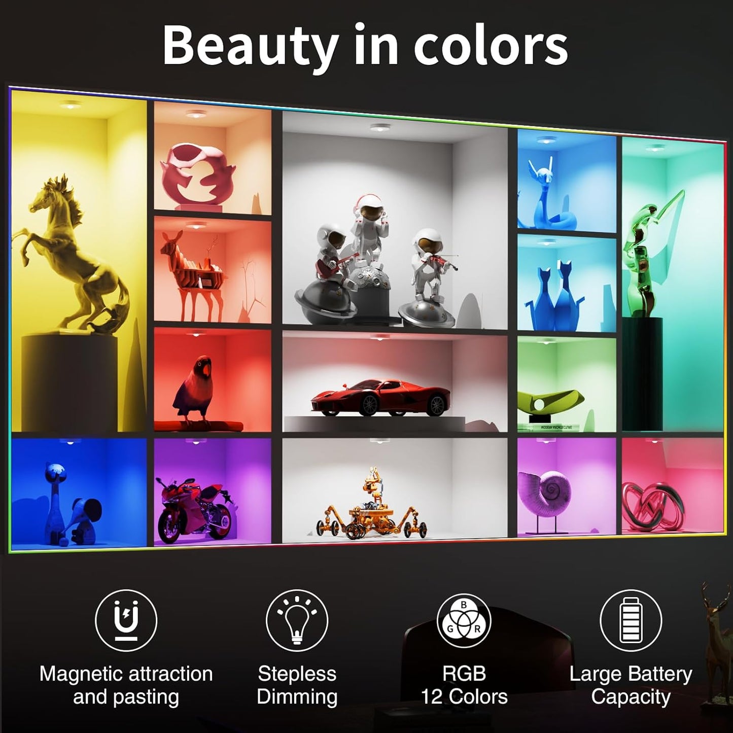 Rechargeable Puck Lights with Remote Control, 12 Color Changing Under Cabinet Lighting, Wireless RGB tv Led lights for bedroom & Closet, Dimmable Magnetic under counter lights for kitchen, Shelf,Party