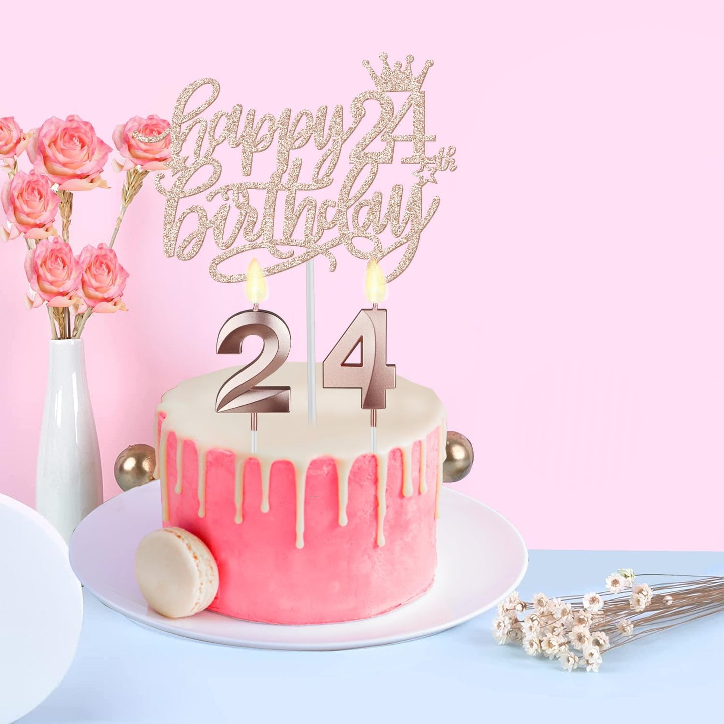 24th Birthday Decorations for Women Including Birthday Sash, Tiara/Crown, Numeral Candles and Cake Topper, 24 Year Old Gifts for Women, Rose Gold Party Decor Supplies