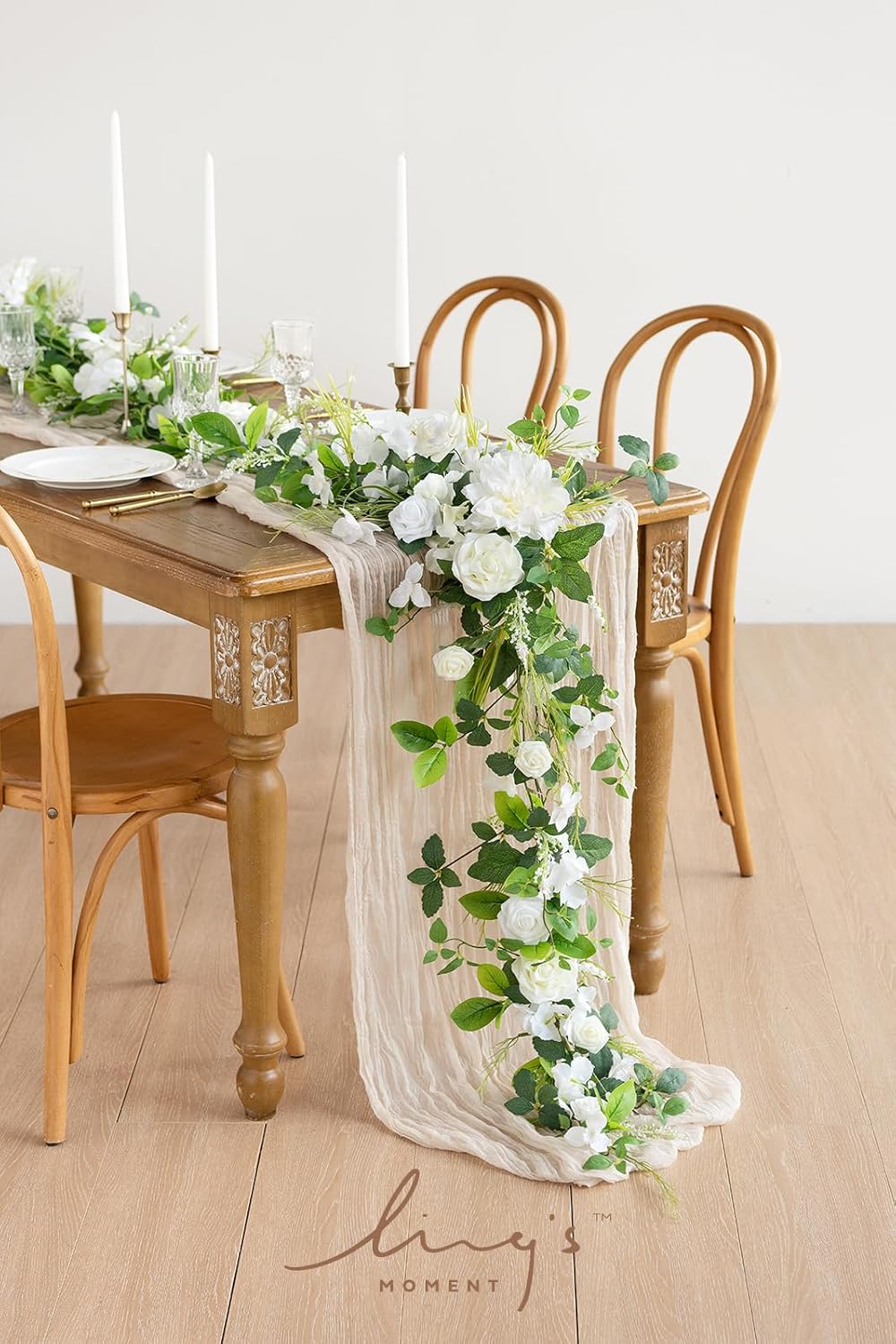 Ling's moment Flower Garland - 6FT Eucalyptus & Rose - Sweetheart Table Decor for Wedding Reception, Artificial Floral Garland for Mantle, Spring, Christmas Decoration, White & Lily