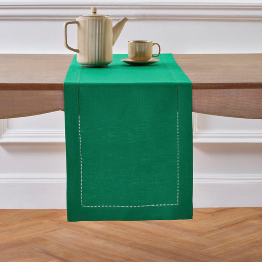 Solino Home Linen Hemstitch Table Runner 120 Inches Long - 100% Pure Linen Emerald Green Table Runner 14 x 120 Inch for Christmas - Classic Hemstitch
