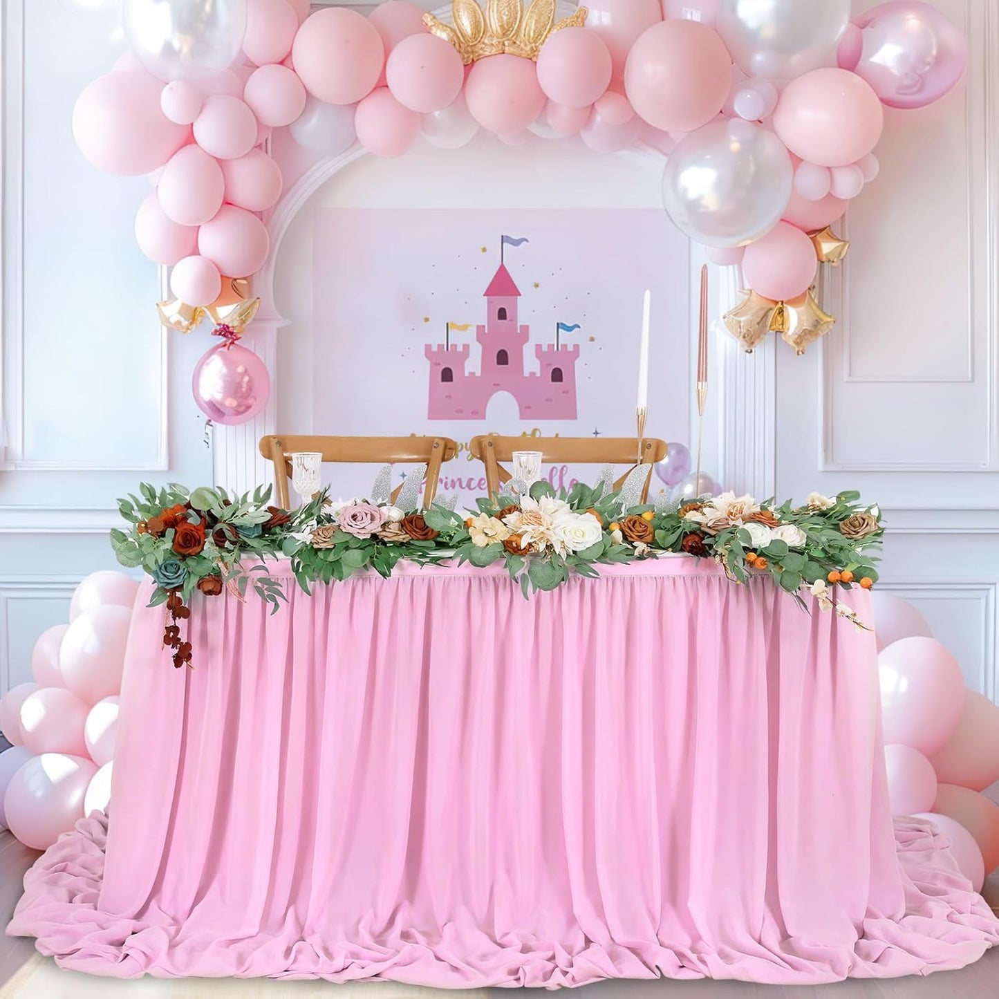 QueenDream Pink Sheer Table Skirts 14ft Chiffon Tablecloth for Rectangle Tables for Baby Shower Birthday Party Wedding Decorations