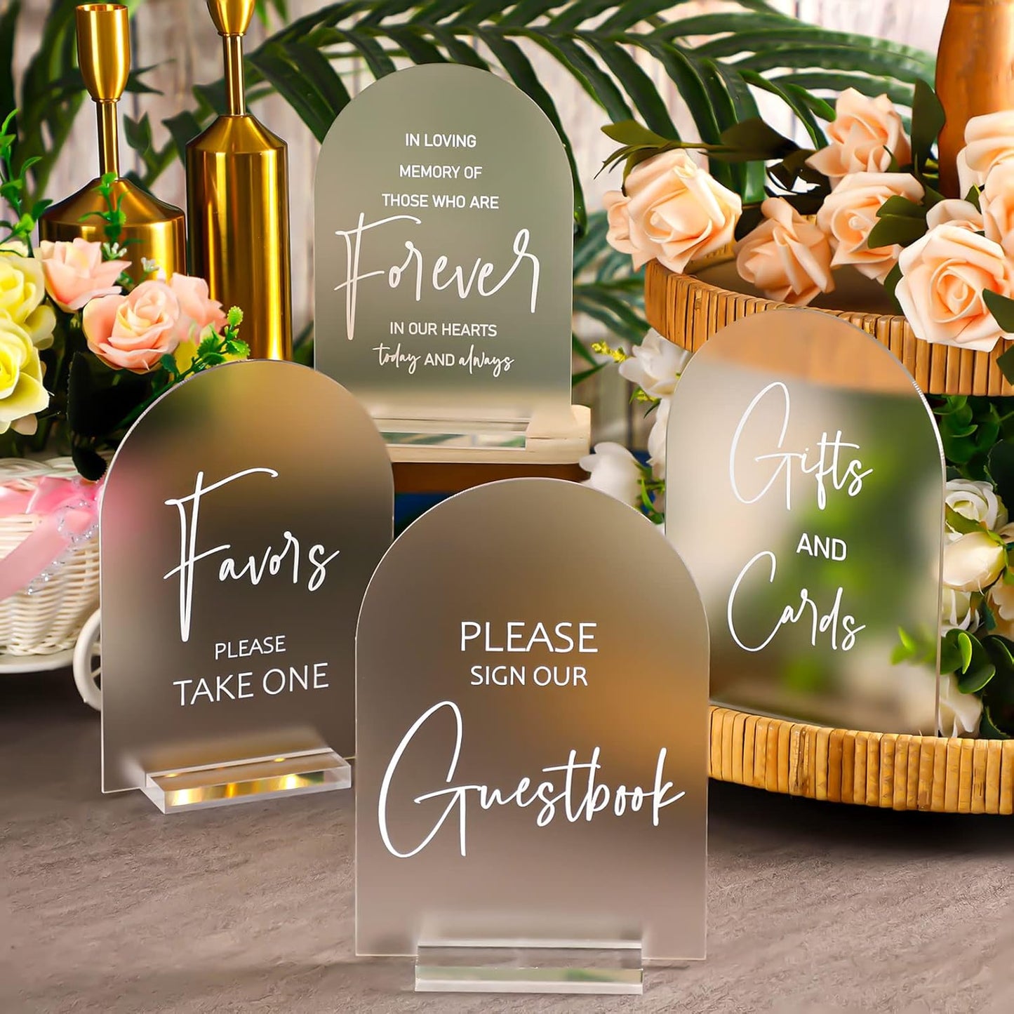 Chunful 4 Pcs Clear Acrylic Wedding Sign with Stand for Ceremony Reception 5 x 7 Guest Book Cards and Gifts In Loving Memory Favors Please Take One Table Sign for Wedding(Elegant White,Fresh Style)