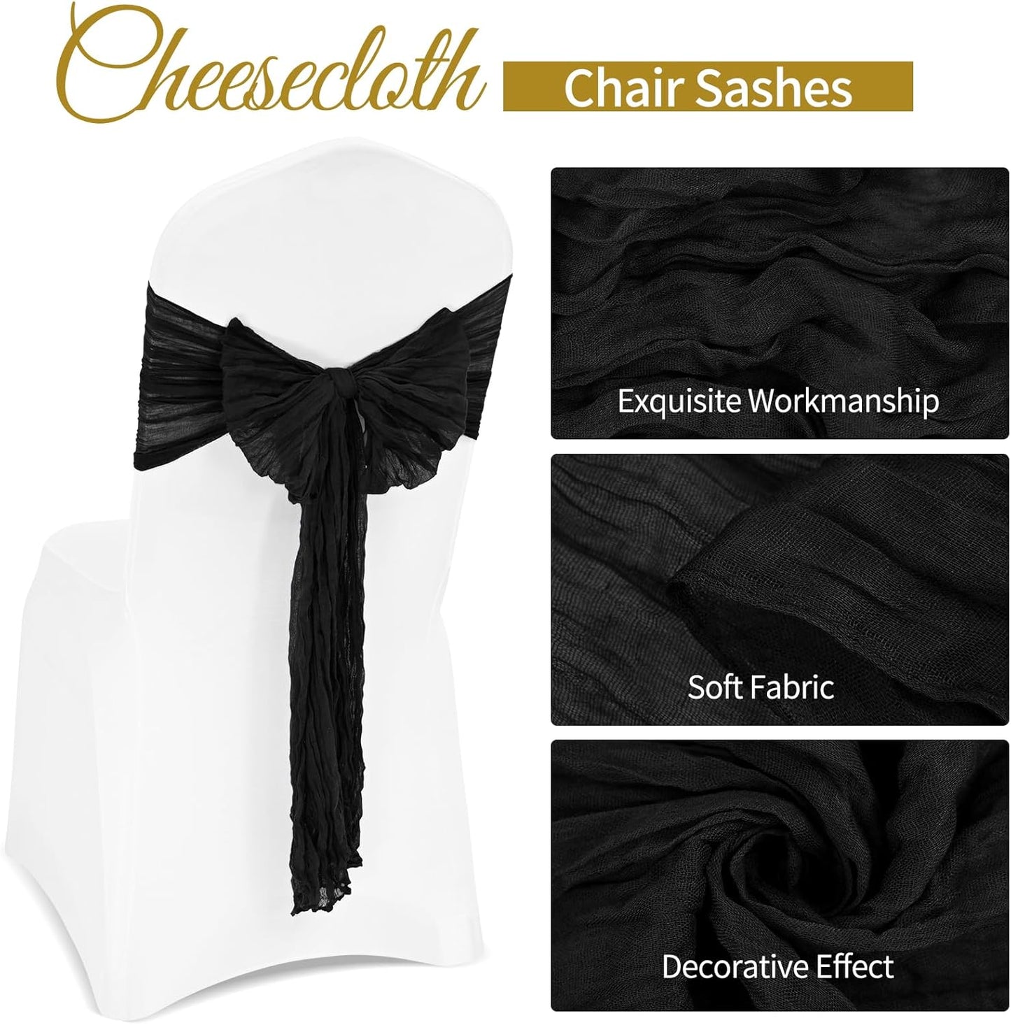 36 Pcs Black Cheesecloth Chair Sashes, 16 x 108 inch Gauze Fabric Washable Chair Sashes Bows Designed for Aisle Decorations Universal ChairCover Decor for Wedding Reception Party Banquet