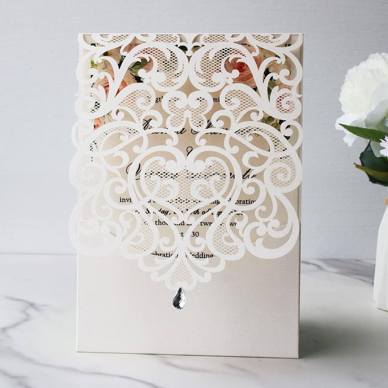 Hosmsua 50PCS Personalized Wedding Invitations Kit 5.12 x 7.3 Laser Cut Hollow Rose Rhinestone Pocket with Envelope for Wedding Quinceanera Invite (White Ivory)