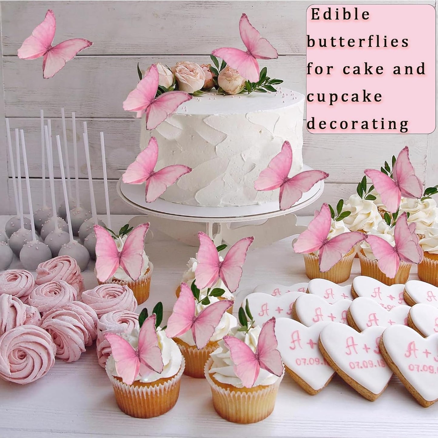 YOcity 48Pcs Edible Butterflies Cake Cupcake Toppers Pink Wafer Paper Butterfly Cake Decorations for Wedding Birthday Party Cupcakes Decorating Pink