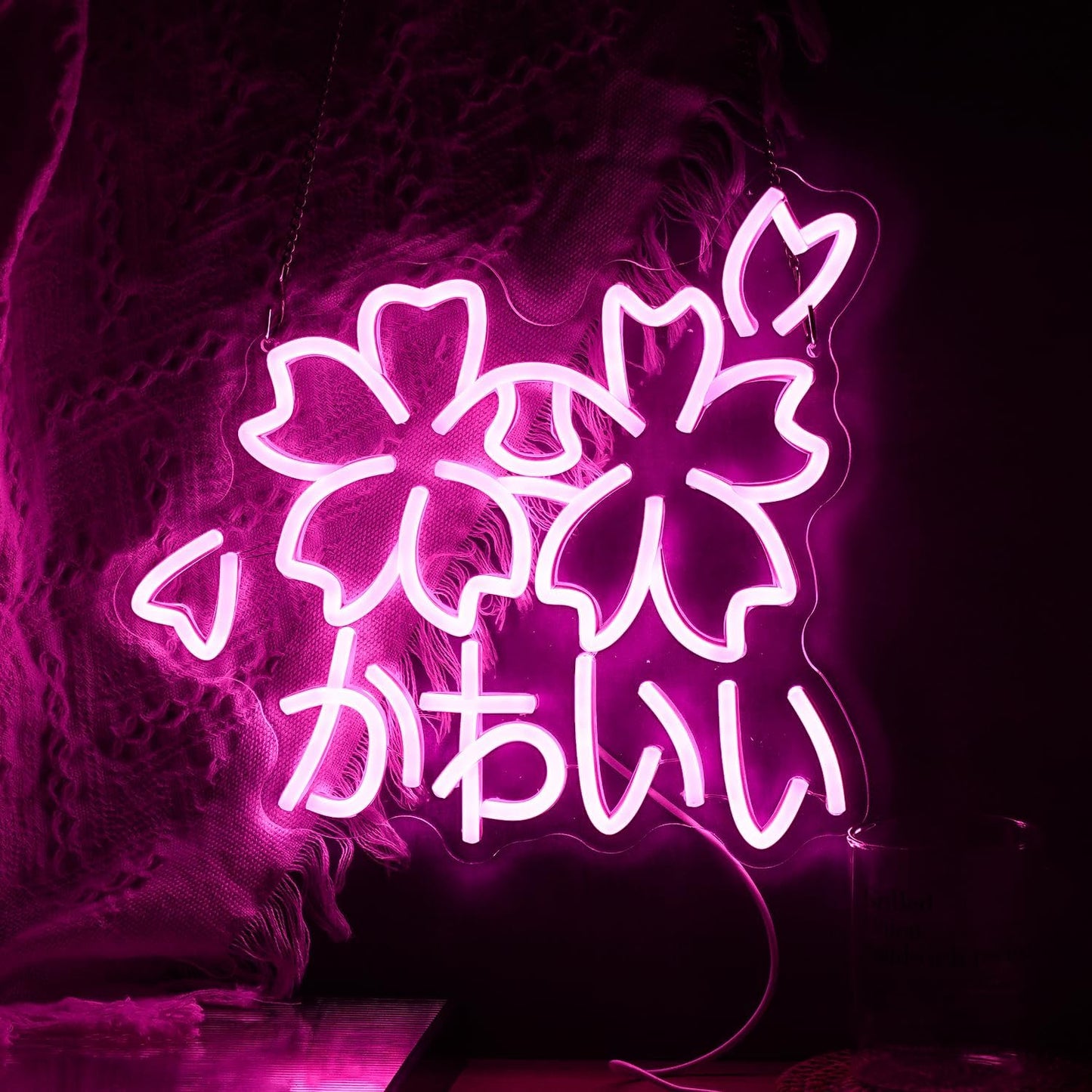Kawaii かわいいLed Neon Light Sign Japanese Cherry Blossoms Light Up Wall Decor Sign Girls' Room Decoration Birthday Party Christmas Neon Sakura Light (Pink)