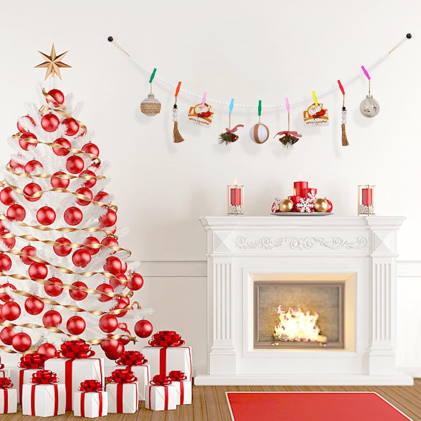 Hanging Photo Display Wall Decor, Wooden Bead Garland Collage Picture Frame with 9 Different Random Colors Wood Clips for Boho Bedroom, Living Room, Office, Dorm Decor